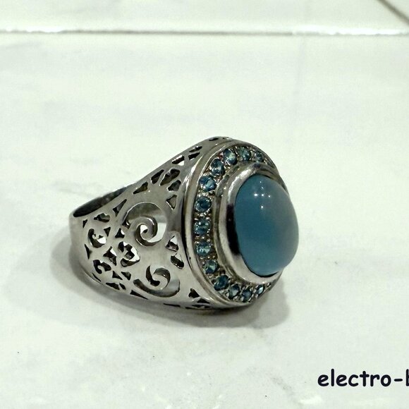 JTV 925 Sterling Silver Filagree Blue Chalcedony & Blue & White Topaz Ring Sz 8 - Picture 4 of 11